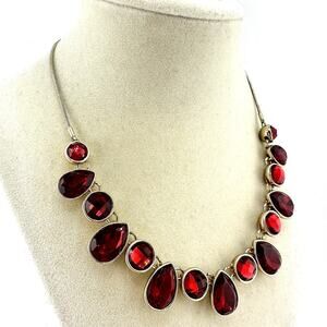 Nine West Ruby Red Rhinestone Faux Gem Teardrop Gold Tone 18” Necklace